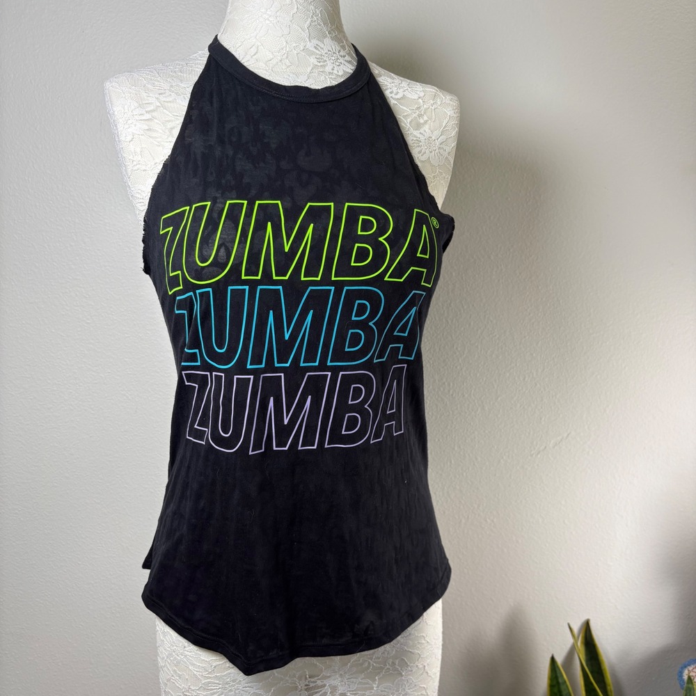 Zumba Women XS Black Tank Top Activewear Athleisure Burnout Flame Graphic